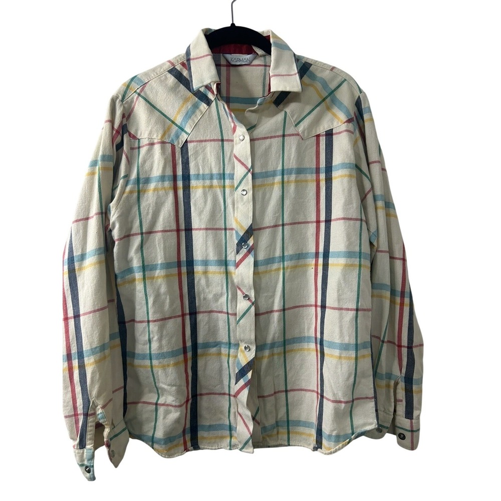 Karman Vintage Womens‎ Western Pearl Snap Shirt Rainbow Plaid Ivory Size 11/12